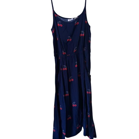 Navy Blue Cherry Print Dress - Spaghetti Straps Cinched Waist Flowy Summer Style - Picture 1 of 5